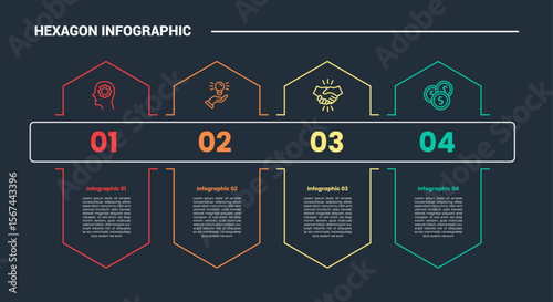 hexagon base shape infographic process diagram with hexagonal shape with big rectangle through with dark background bright outline style