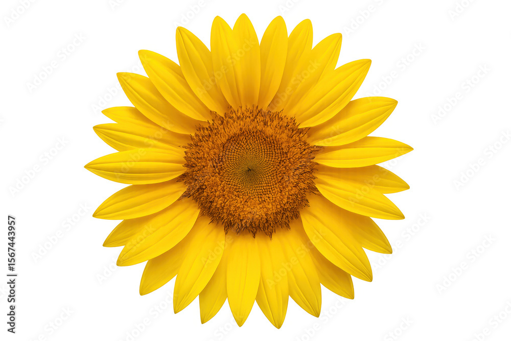 Fototapeta premium Close-up of a sunflower with bright yellow petals and a dark center, isolated on a transparent background