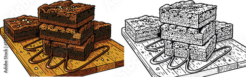 Delicious Chocolate Brownie Stack Vector Illustration Hand-Drawn Cocoa Dessert Art for World Chocolate Day, Bakery Menu, Recipe Book, Packaging Design, and Sweet Treat Promotions EPS File
