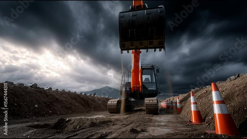 A large orange and black construction machine is digging into the ground