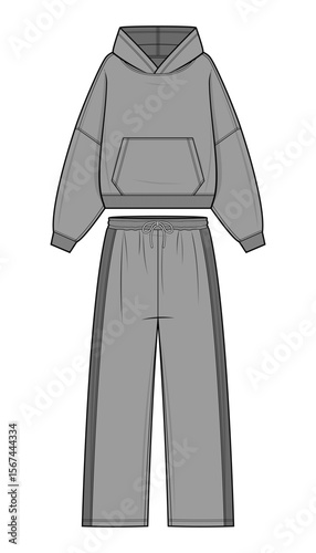 Gray Tracksuit Vector Fashion Illustration. Hoodie and Joggers Matching Set Vector Template. Relaxed Fit. Ribbed Cuffs and Hem. Colored design. Unisex.Casual Athleisurewear Template. CAD Mockup set