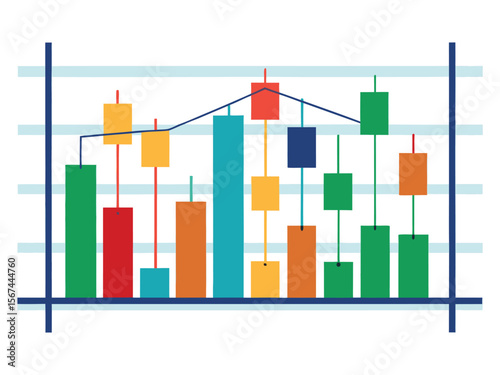 Colorful candlestick chart with trend line representing financial market data analysis isolated on white background
