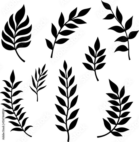 set of black leaves, feather, vector, bird, illustration, pattern, leaf, art, pen, design, nature, decoration, silhouette, set, plant, symbol, quill, vintage, icon, seamless, drawing, wing, color, bla