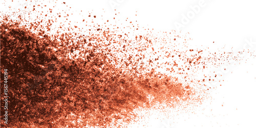 Red spots of paint and dust on a white background. Colorful ground mixed pepper grains, flakes isolated on white background,