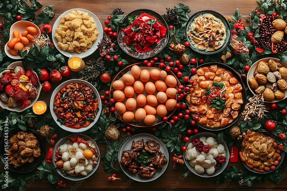 Fototapeta premium Festive Feast: A Lavish Display of Diverse Dishes and Eggs on a