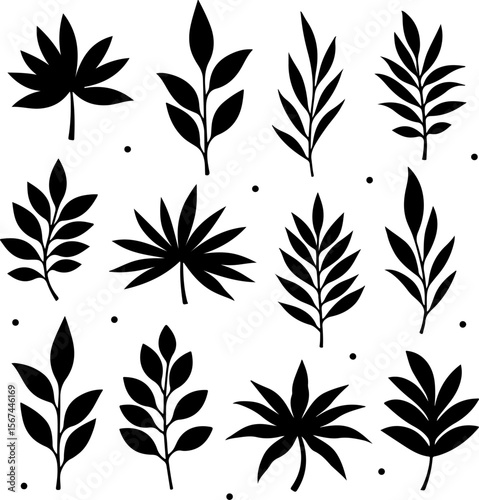 set of black leaves, feather, vector, bird, illustration, pattern, leaf, art, pen, design, nature, decoration, silhouette, set, plant, symbol, quill, vintage, icon, seamless, drawing, wing, color, bla