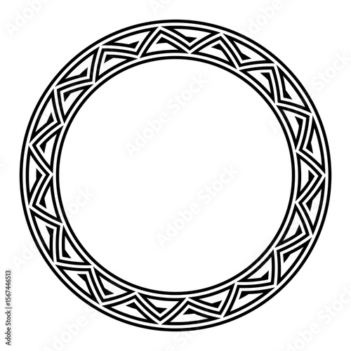 Triangular meander pattern, circle frame. Decorative border made of pointed, pyramid-like triangular spirals, seamlessly repeated, similar to a Greek key pattern, surrounded by two bold cicles. Vector