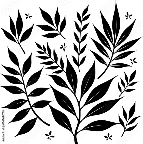 set of black leaves, feather, vector, bird, illustration, pattern, leaf, art, pen, design, nature, decoration, silhouette, set, plant, symbol, quill, vintage, icon, seamless, drawing, wing, color, bla