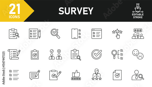 Survey line icon set. Set of 21 outline icons related to survey, rating, opinion, satisfaction, vote, task, review, research, evaluation, poll and others. Editable stroke. Vector illustration.