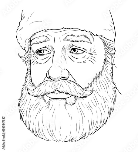 Thoughtful Santa Face Line Art