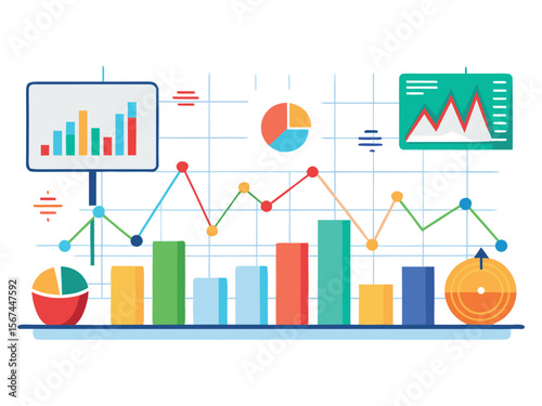 Colorful business analytics charts and graphs showing financial data trends and growth isolated on white background
