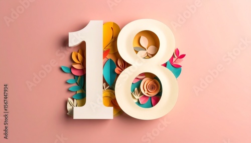 Elegant 18th Birthday Decoration with Paper Flowers, Modern Eighteen Anniversary Card Design on Salmon Pink Background