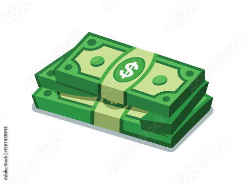 Two stacks of green dollar bills tied with a light green band featuring a white dollar sign isolated on white background
