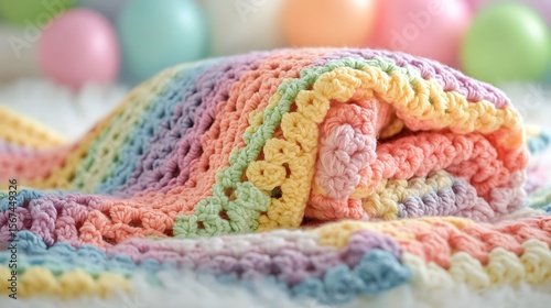 Handmade crochet baby blanket with soft pastel hues on ballon background