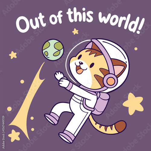 A happy cartoon cat astronaut floating in space, exploring the galaxy with excitement.