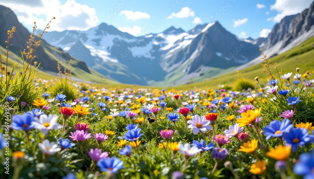 Fototapeta premium A sun drenched alpine meadow bursts with vibrant wildflowers in a kaleidoscope of colors, primarily blues, purples, yellows, and reds