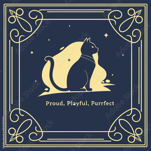 Elegant silhouette of a proud cat, sitting majestically against a stylized moonlit landscape, framed by ornate details.