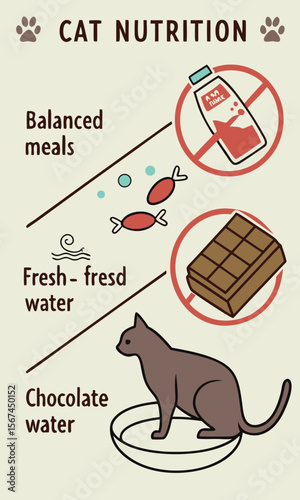 Guide to healthy cat nutrition: balanced meals, fresh water, avoiding milk and chocolate.