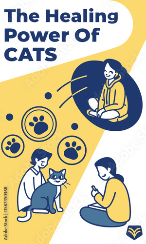 Illustration depicting the therapeutic benefits of cats, featuring people interacting with felines and paw prints.
