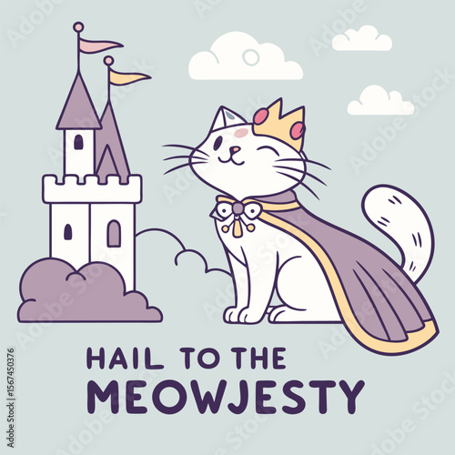 A regal white cat wearing a crown and cape, next to a castle.