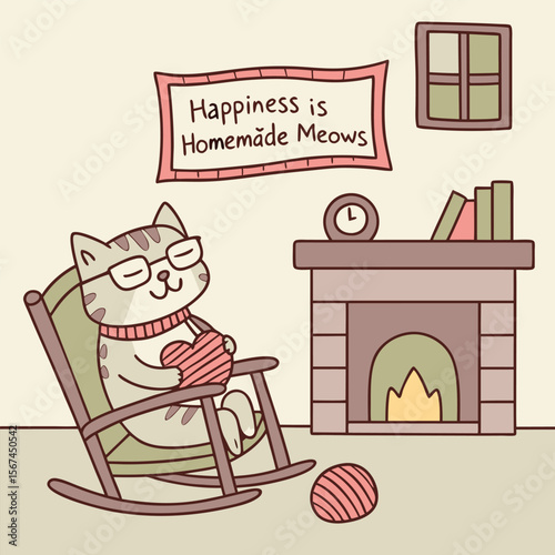 A cozy cat wearing glasses knits yarn in a rocking chair by a fireplace, embodying contentment and domestic bliss.