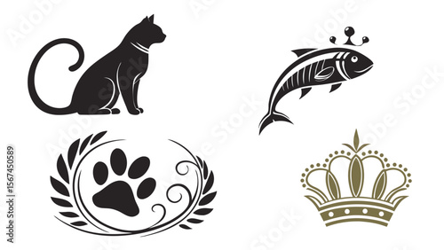 A collection of simple, stylized black icons featuring a cat, fish, paw print, and crown.