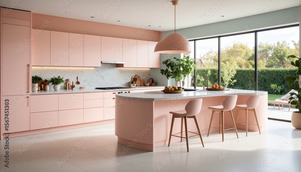 Fototapeta premium Contemporary Kitchen Design with Pastel Pink Cabinets and Island, Sunlight Streaming Through Large Windows Revealing Garden Scenery