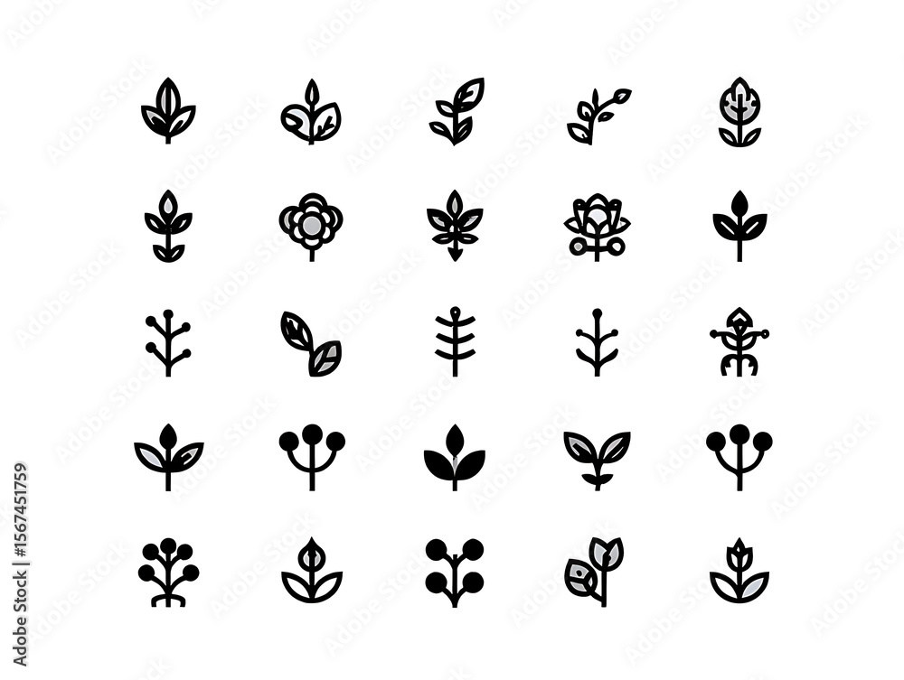 Obraz premium A Collection of Delicate Botanical Illustrations Featuring Leaves Flowers and Natural Elements in a Minimalist Outline Style for Design Projects