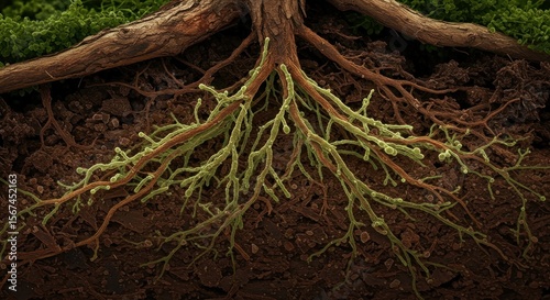 Interconnected mycorrhizal network connecting tree roots in fertile soil environment