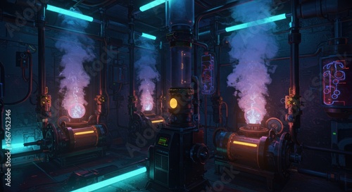 Intricate industrial laboratory glowing with experimental machinery and atmospheric steam