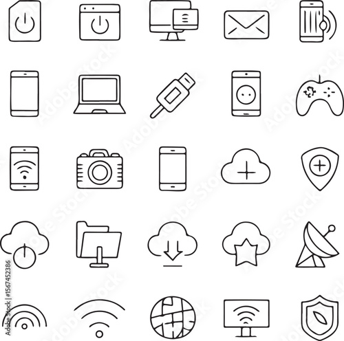 Technology Line Icons Set – Vector Pack of Minimal UI and Device Symbols in Black Outline Style