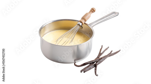 Vanilla Custard in Saucepan with Whisk on Transparent Background