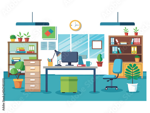 Modern office interior with desk computer chair plants and bookshelves isolated on white background
