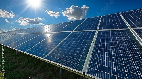 Bright sun shining over solar panels in a green field, renewable energy landscape