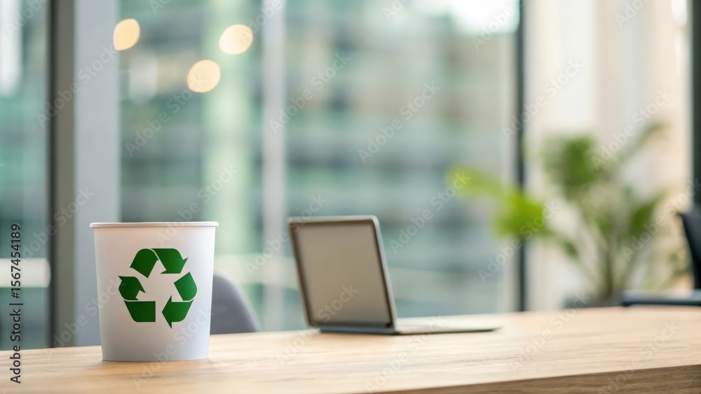 Fototapeta premium Blurred workspace scene with recycling icon symbolizing environmental responsibility in corporate setting 