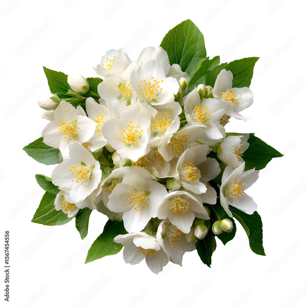 Obraz premium Beautiful Jasmine Bouquet White Blossoms Green Leaves