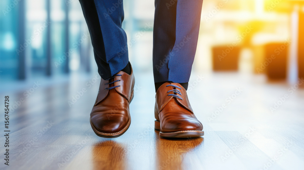 Brown leather shoes with blue suit pants walking on wooden floor in bright modern office Brown leather shoes with blue suit pants walking on wooden floor in bright modern office