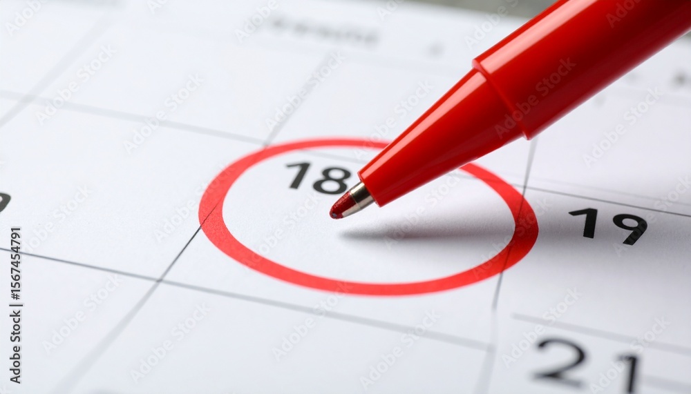 Fototapeta premium Mark Your Calendar Close-up of a Date Circled with a Red Pen for Reminders and Appointments