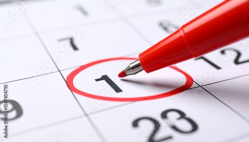 Marking the First on a Calendar with a Red Pen for Planning and Scheduling Deadlines