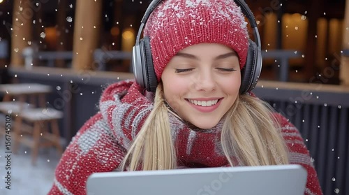 Smiling woman working remotely with headphones and laptop on snowy day