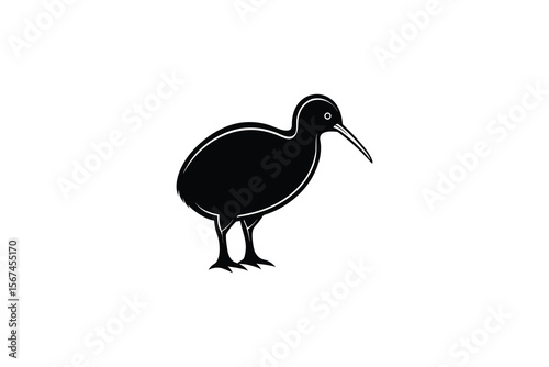 Minimalist Kiwi Bird Illustration in Black and White on Plain Background
