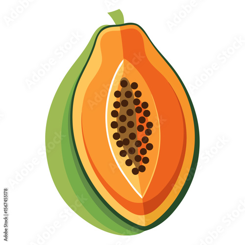 Artistic papaya design featuring a halved fruit, showcasing orange flesh and dark seeds, perfect for food-related themes, healthy eating promotion, and tropical fruit graphics.