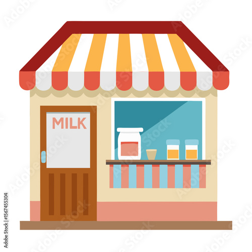 Adorable graphic of a vintage milk store, featuring a charming shop facade and inviting display window, ideal for branding, marketing, and promotional materials related to dairy or local businesses.