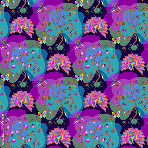 Intricate seamless pattern with blossoming trees and fabulous peacocks on black background. Ethnic style fabric print. Paisley leaves. Indian motifs.