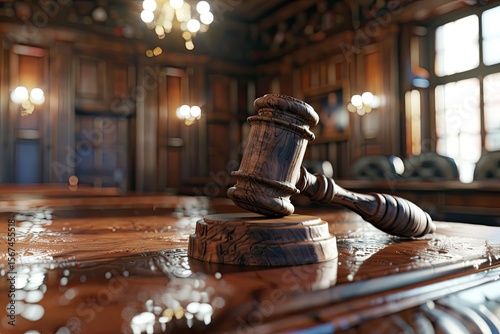 Sharp Image of Wooden Gavel on Wooden Table in Courtroom