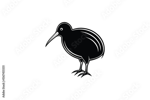Stylized Black and White Kiwi Bird Illustration on White Background