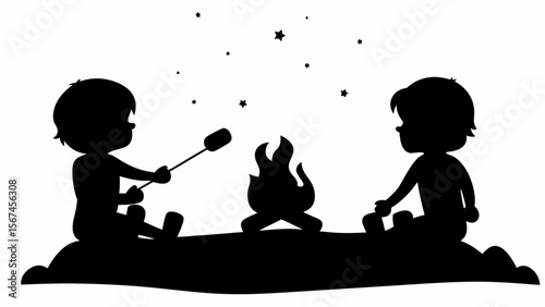 Silhouette of two kids roasting marshmallow over campfire under the stars in black and white scene