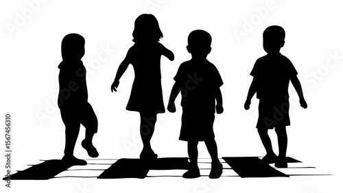 Silhouette of four children standing on a checkered surface with shadows cast in a bright setting outdoors
