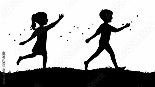 Silhouette of a girl and a boy running on a hill with stars floating around them in black and white design