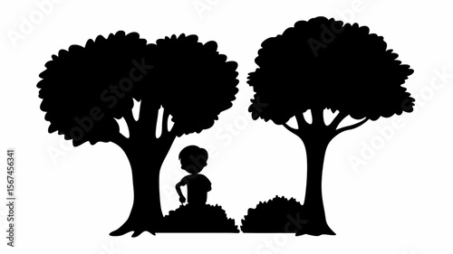 Silhouette illustration of a child playing in the bushes between two trees in a monochrome scene